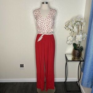 AB Lambdin Womens Red Polka Dot Wide Leg Jumpsuit